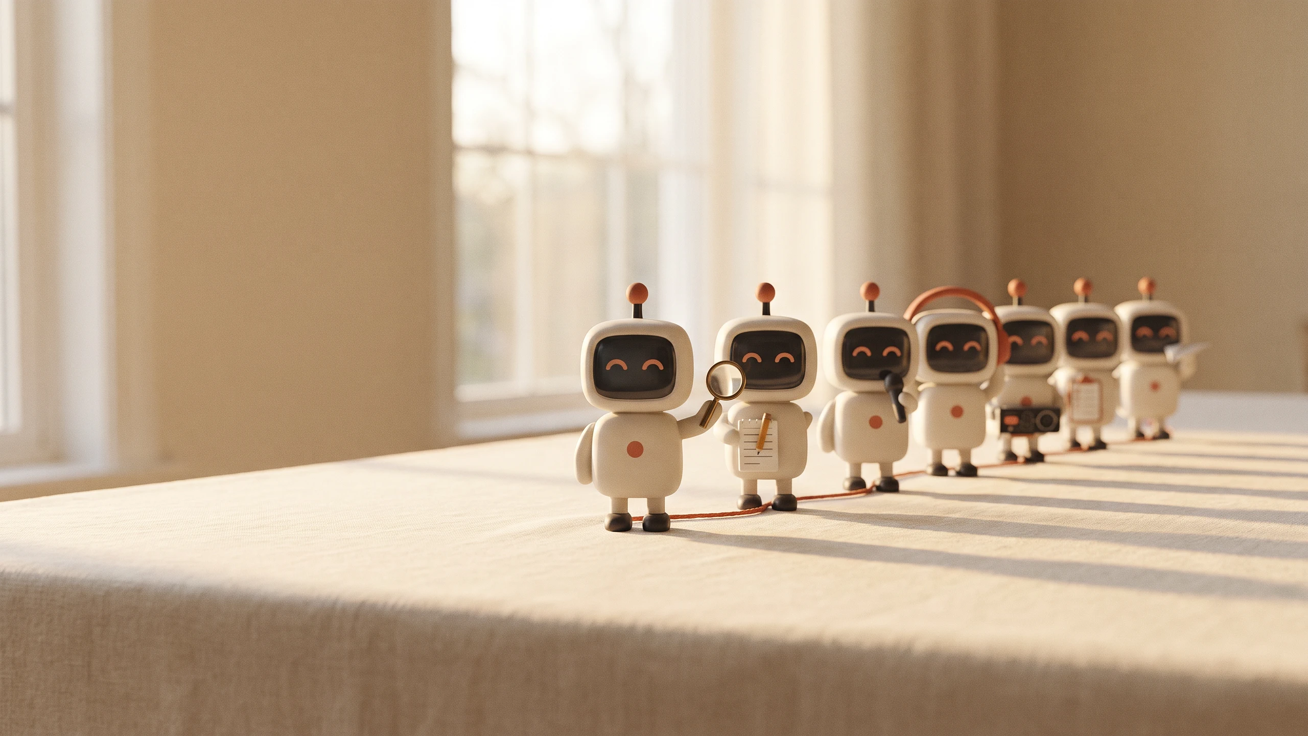 Siete pequeños robots de cerámica en fila sobre una mesa de lino, con luz dorada de tarde